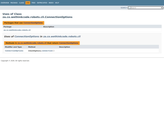 za/co/wethinkcode/robots/cli/class-use/ConnectionOptions screenshot