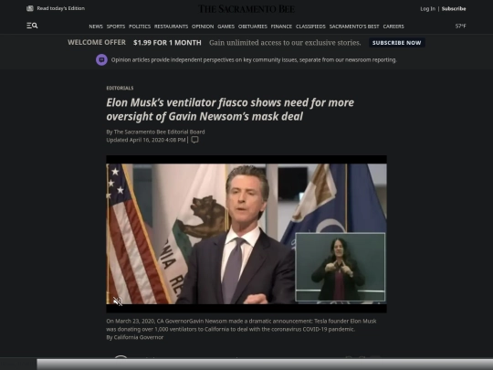 Fascism/EM/COVID-19： Elon Musk failed to deliver ventilators to CA ｜ Sacramento Bee (3_5_2025 5：43：57 PM) screenshot