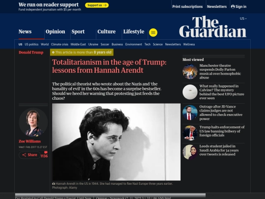 Websites/Historians/Totalitarianism in the age of Trump： lessons from Hannah Arendt ｜ Donald Trump ｜ The Guardian (2_11_2025 3：35：11 AM) screenshot