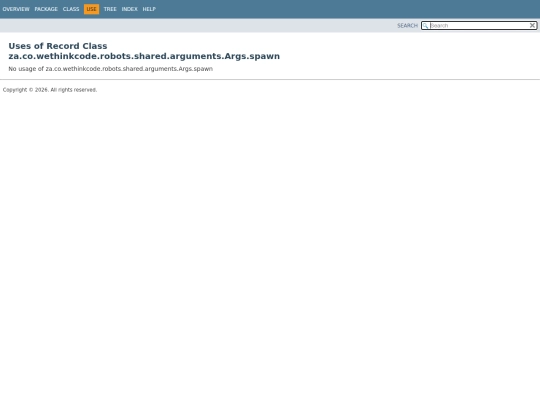 robot-world/apidocs/za/co/wethinkcode/robots/shared/arguments/class-use/Args.spawn screenshot