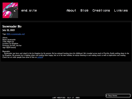 creations/writing/snowreader_bio screenshot