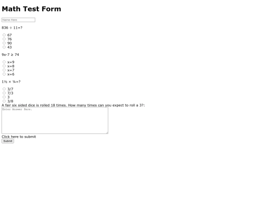 Web Design/MathTestForm screenshot
