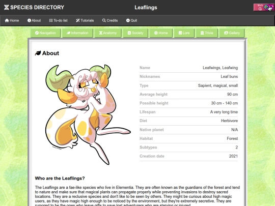 Species Directory/Leaflings screenshot