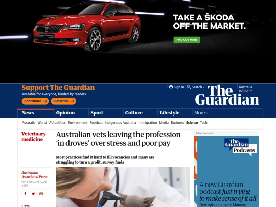 wip/vet/dvm2/210/Reading_Australian vets leaving the profession ‘in droves’ over stress and poor pay _ Science _ The Guardian Jan 2019 screenshot