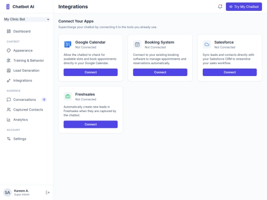 chatbot/web/integrations screenshot