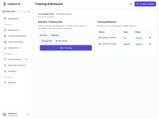 chatbot/web/training screenshot