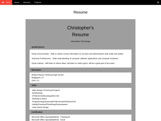 Website/resume screenshot