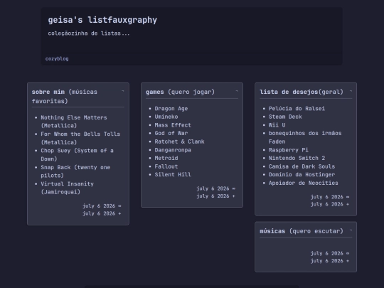 portuguese/cozyblog/lists screenshot