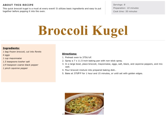 Side Dish Recipes/Broccoli Kugel - Pesach Friendly screenshot